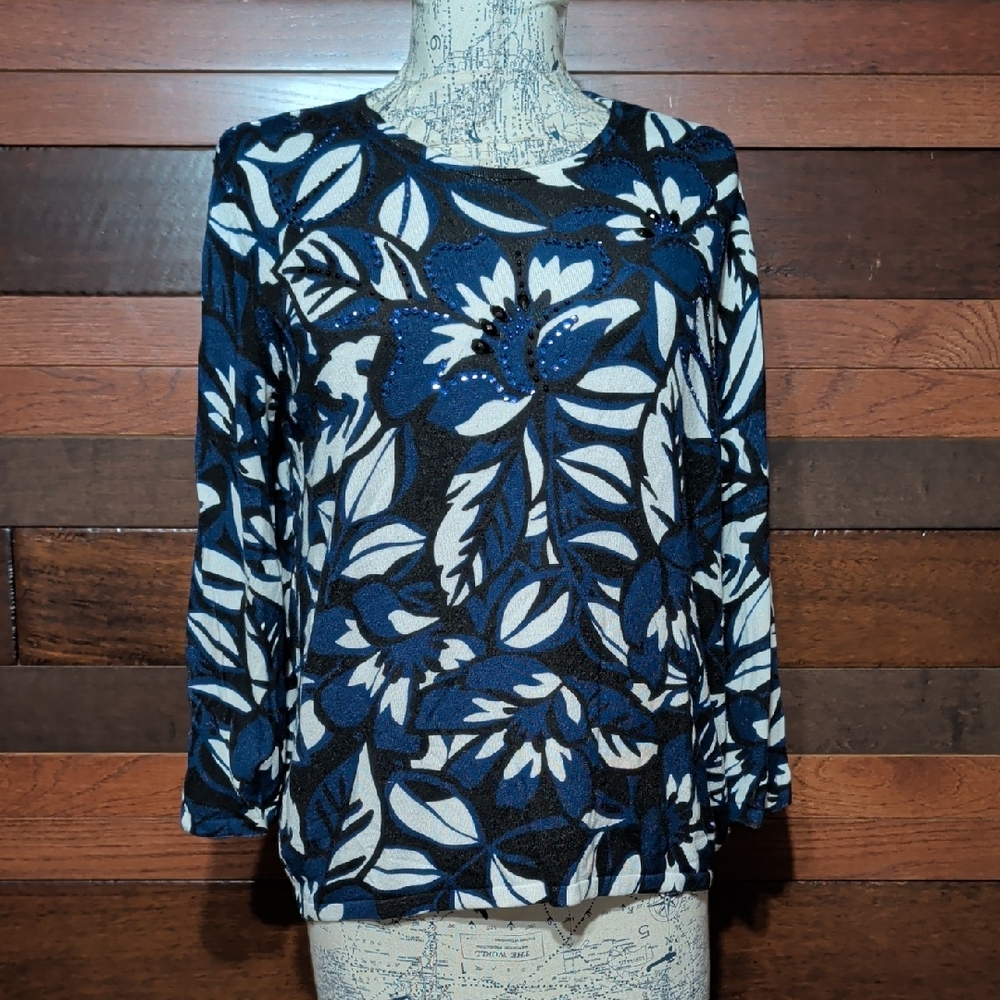 Alfred Dunner Blue and Black Floral Sweater